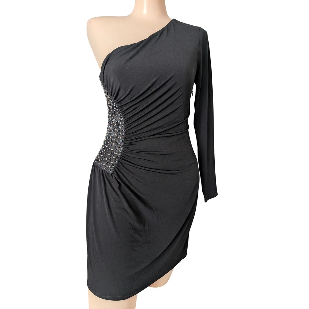 One Shoulder Beaded Mini Dress 2 Asymmetric Ruching Party Club‎ Grunge Going Out